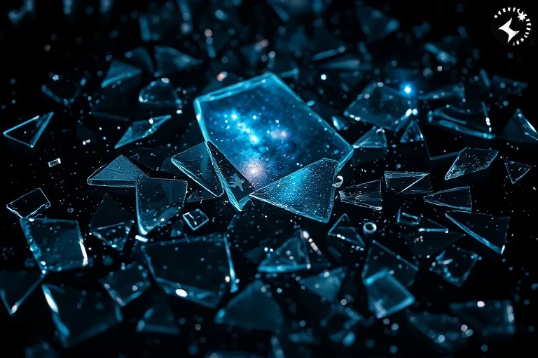 Conceptual art of shattered glass fragments reflecting a distorted starry night sky on a dark surface, symbolizing fragmented memories and the elusive astral realm.