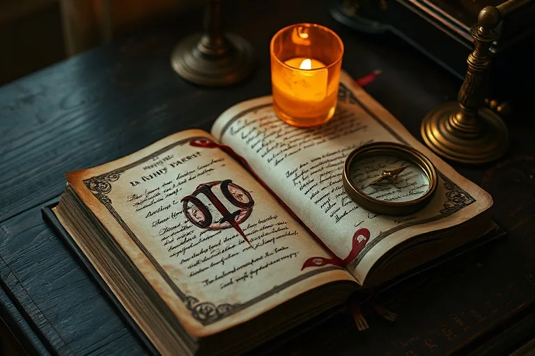 Cinematic still life of an open, vintage leather-bound dream journal with handwritten notes and a symbol, a magnifying glass, and a flickering candle on an antique desk.