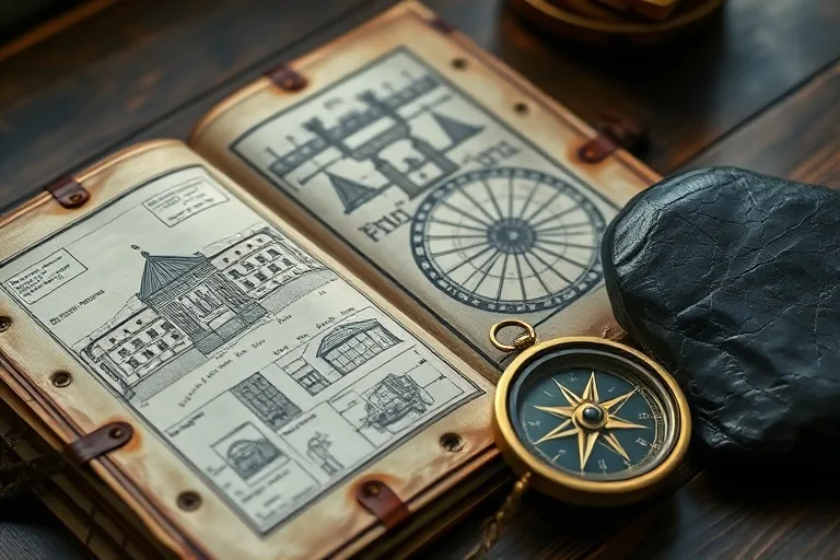 Still life photo of a vintage journal with architectural plans, compass, and polished stone, symbolizing groundedness and meticulous planning.