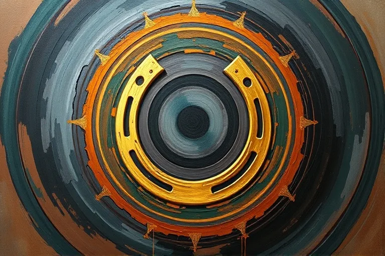 Abstract oil painting with earth tones and a golden horseshoe, symbolizing enduring loyalty and practical wisdom.