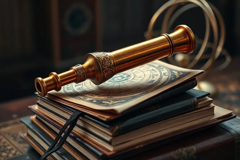Still-life photograph of an antique brass telescope resting on a stack of aged astrological charts and books, illuminated by a soft, ethereal glow, with a celestial sphere model in the background, captured in a macro shot with rich textures.