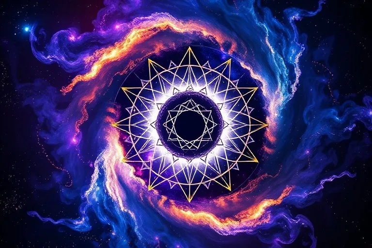 Conceptual art depicting an abstract representation of energetic shifts, with swirling cosmic colors transitioning from dark to light, featuring subtle geometric patterns, conveying a sense of profound change and revelation, ethereal and dynamic.