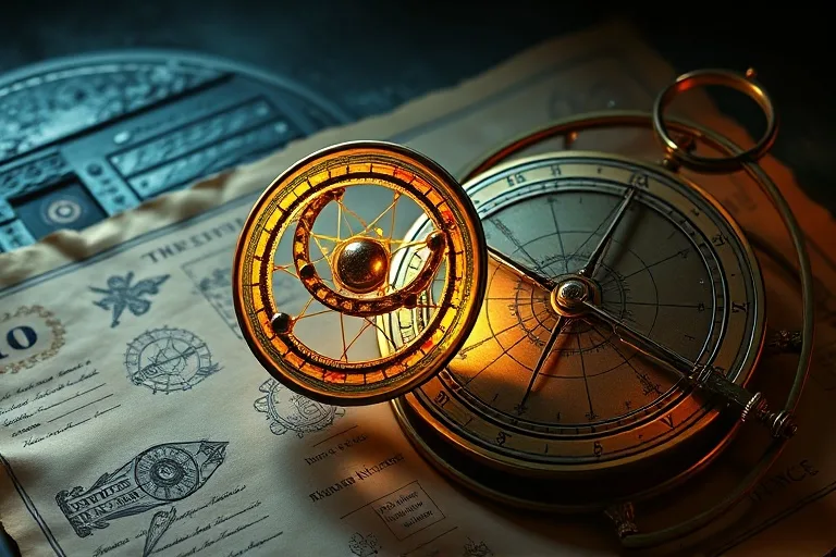 Detailed 3D digital illustration of an armillary sphere and astrolabe on an old parchment, representing the historical tools of astrological study and celestial mechanics.