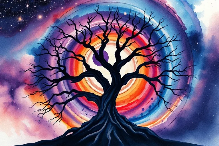 Watercolor painting of a gnarled tree silhouetted against a stylized sky with a crescent moon and partially obscured sun, symbolizing cycles of change and transformation.