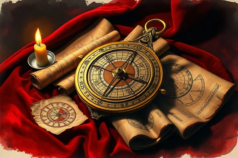 Cinematic still life photography of an antique brass astrolabe resting on a velvet cloth, surrounded by aged parchment scrolls depicting astrological symbols and constellations, a single flickering candle illuminating the scene, dramatic shadows, rich textures, deep focus.
