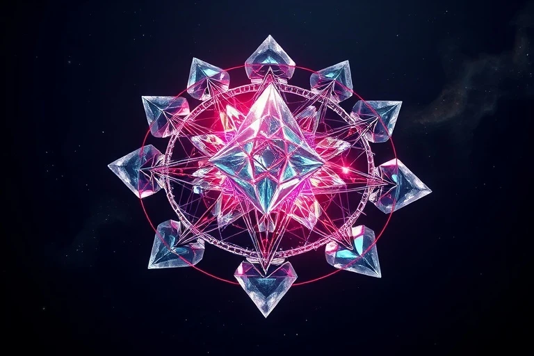 3D isometric render of a fragmented crystal structure, each fragment representing a life path or decision, connected by glowing energy lines, set against a dark, cosmic void with subtle nebulae, symbolizing destiny and interconnectedness, abstract and geometric.