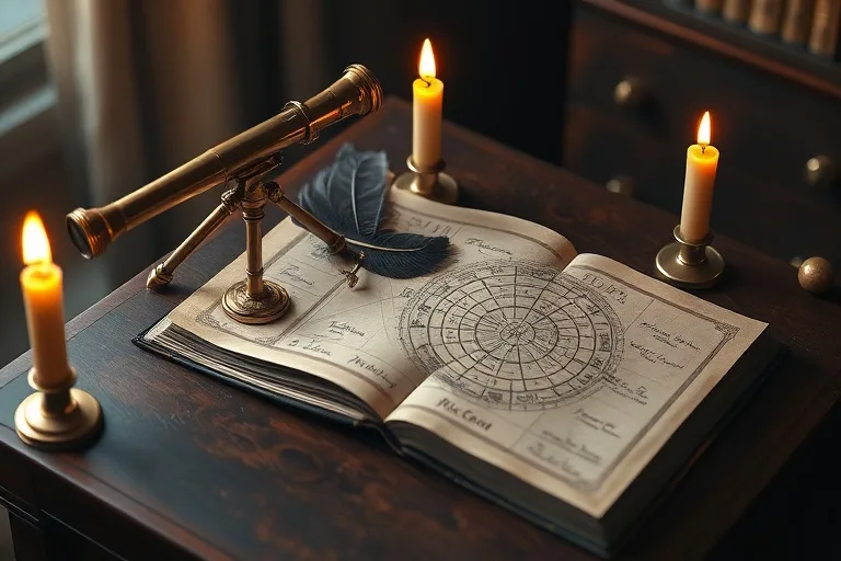 Antique telescope, astrological texts, quill, and natal chart under candlelight