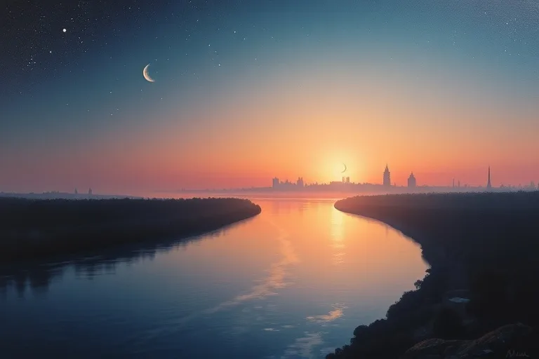 Oil painting of a serene dawn landscape with a river and distant city