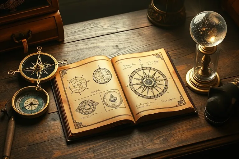 Cinematic still life of a vintage desk with an open journal showing astrological symbols, surrounded by a compass and a glowing crystal ball, bathed in soft light.