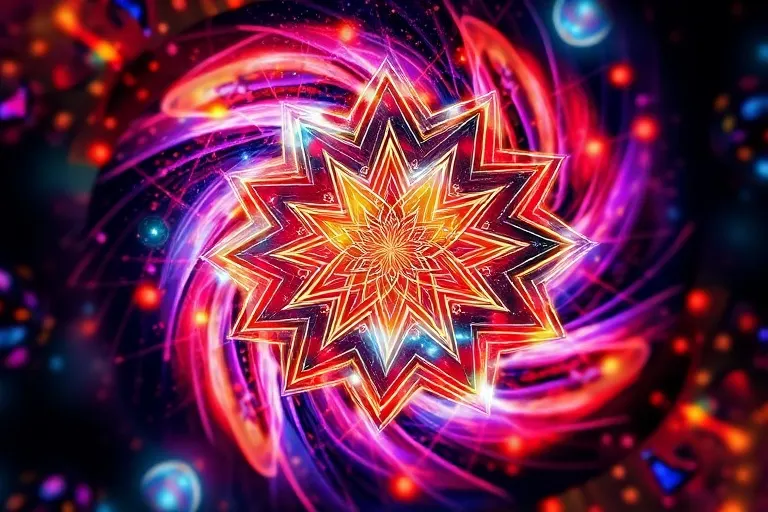 Abstract conceptual art of a vibrant, swirling vortex of colors with geometric light patterns, symbolizing dynamic personal transformation and growth.