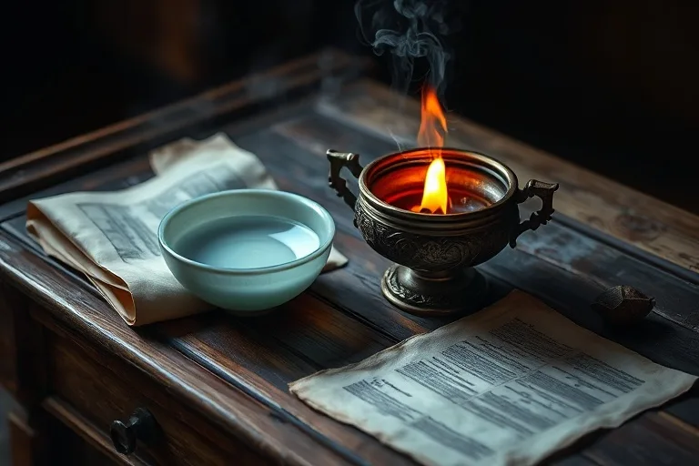 Cinematic still life of an ancient desk with a red ember in a censer and a jade bowl of water, surrounded by old parchment, symbolizing elemental dynamics.