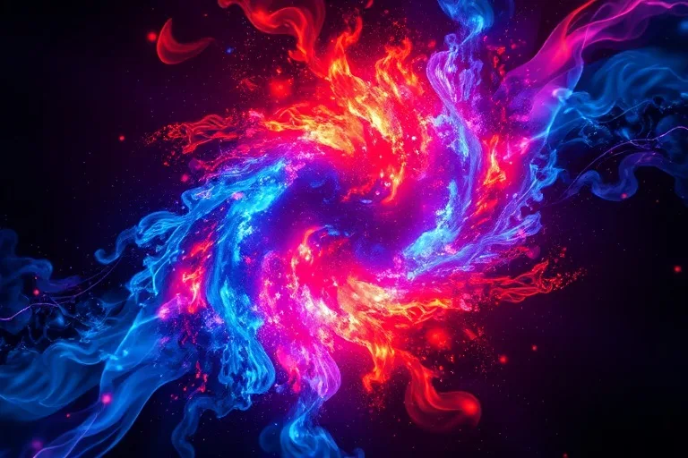 Abstract conceptual art of swirling blue and red energy currents colliding and merging, representing the dynamic interaction of Water and Fire elements.