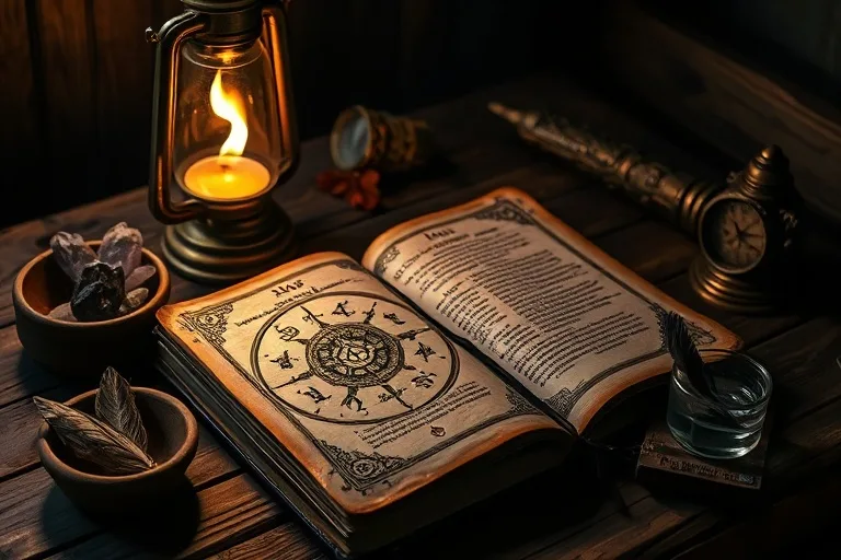 An open, ancient grimoire on a wooden table, surrounded by esoteric tools, bathed in the soft light of an oil lamp, symbolizing hidden knowledge.