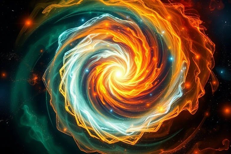 A conceptual art piece depicting a vibrant, swirling vortex of colors representing Earth, Air, Fire, and Water, symbolizing elemental balance and spiritual energy.