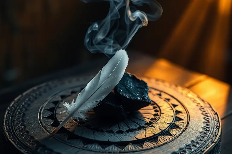 Cinematic still life of an obsidian chunk, a white feather, and smoking incense on a wooden altar.