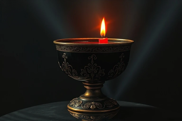 Oil painting of a bronze chalice with dark water reflecting a red candle's flame, surrounded by dried herbs.