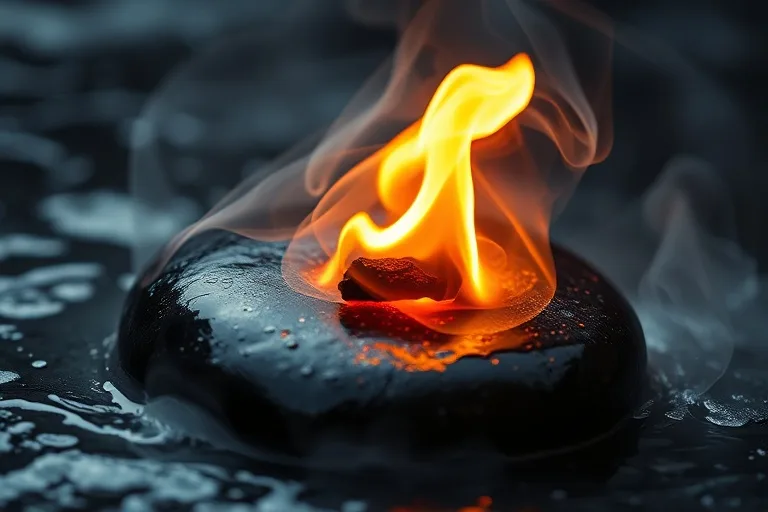 Macro photography of a smoldering ember on a dark river stone, surrounded by mist, symbolizing the contrasting elements of fire and water.