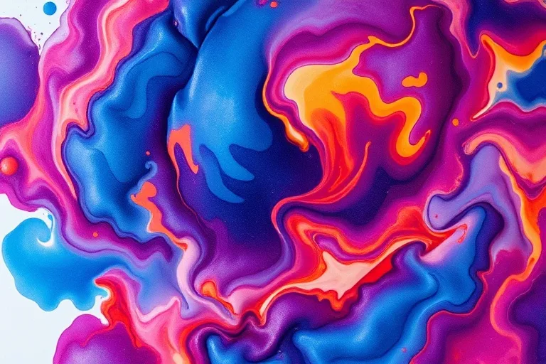 Abstract watercolor splash of blues, purples, reds, and yellows, blending intensely, symbolizing emotional depth and passionate expression.
