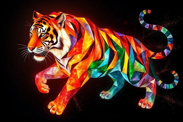 Abstract geometric tiger composed of glowing elemental particles