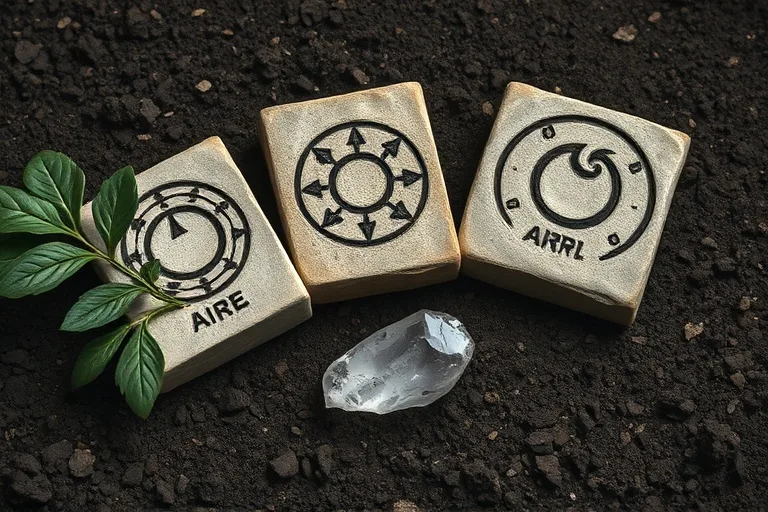 A still-life photograph of ancient, weathered stone tablets resting on rich, dark soil, surrounded by a few sturdy oak leaves and a single, perfectly formed crystal. The scene is illuminated by soft, natural light, emphasizing texture and solidity. NO humans, NO faces, NO people.