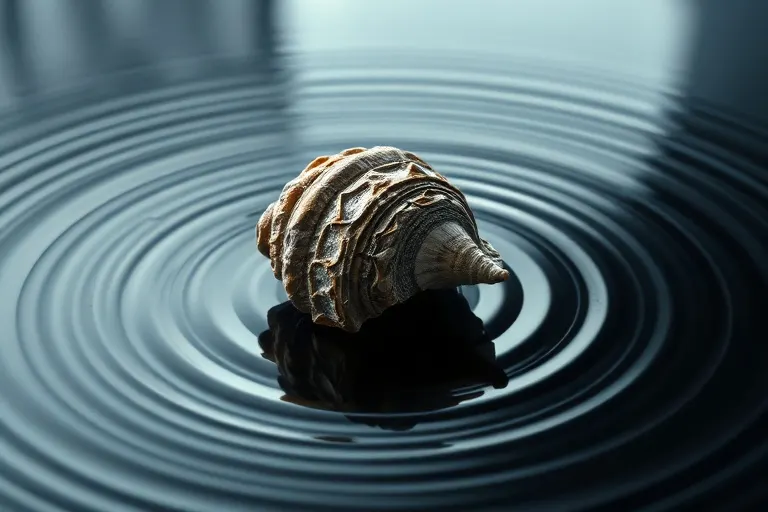 A cinematic photograph of a single, ancient, weathered seashell resting on a dark, reflective surface, surrounded by gentle ripples of water. The lighting is soft and ethereal, creating a sense of depth and mystery. NO humans, NO faces, NO people.