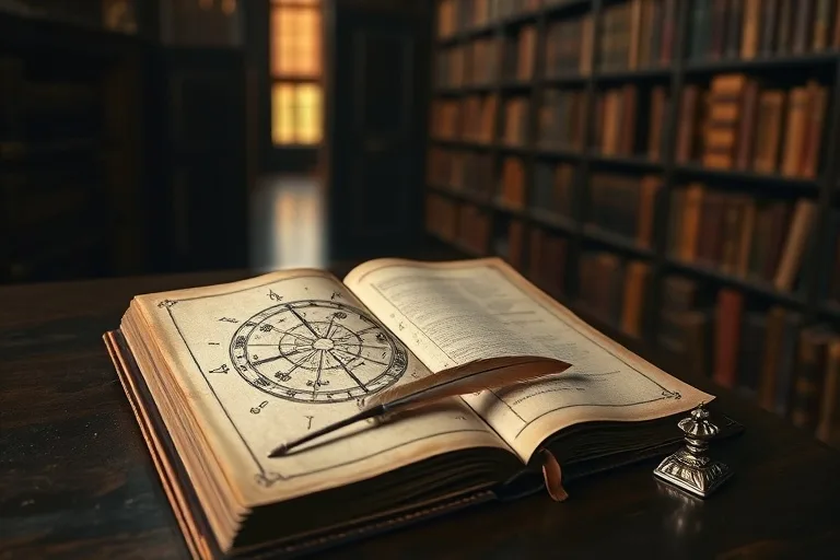 Vintage astrological text open to a natal chart diagram, blank parchment, quill pen, library background.
