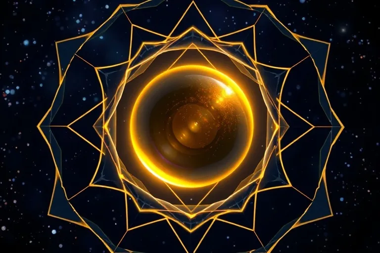 Abstract geometric shapes, some filled, some empty, with a glowing orb drifting through an empty shape.