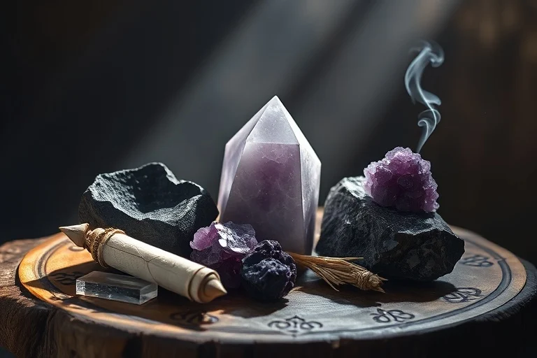 Cinematic still life of protective crystals and sage on a wooden altar.