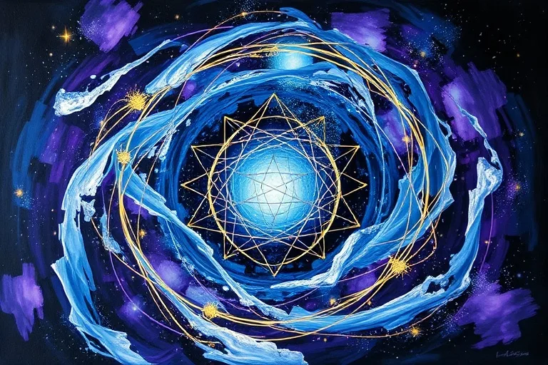 Abstract oil painting of a swirling vortex of blues, purples, and silvers with golden threads, symbolizing an impenetrable energetic boundary.