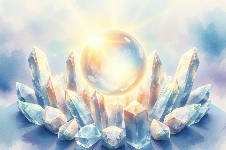 Watercolor painting of crystals and glowing sphere, symbolizing healing energy