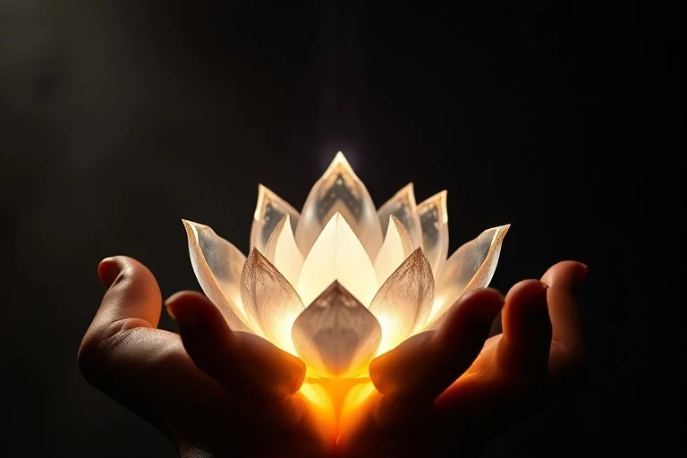 Cinematic photo of hands performing energy transfer over glowing lotus