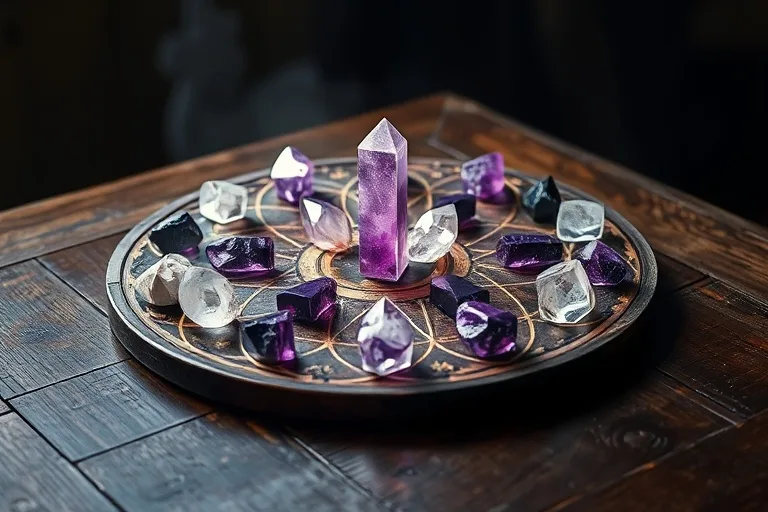 A detailed 3D render of a crystal grid on an antique wooden table, featuring clear quartz, amethyst, and black tourmaline, glowing with ethereal light.