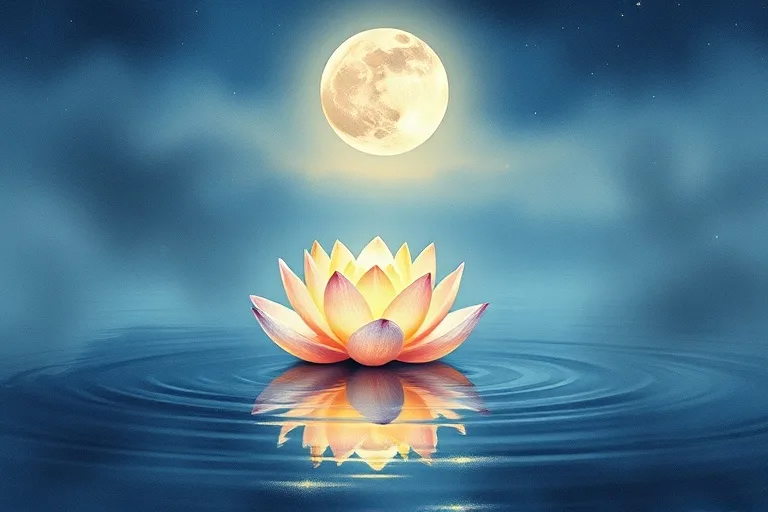 A serene watercolor painting of a moonlit river with a single glowing lotus flower, symbolizing spiritual cleansing and resilience.