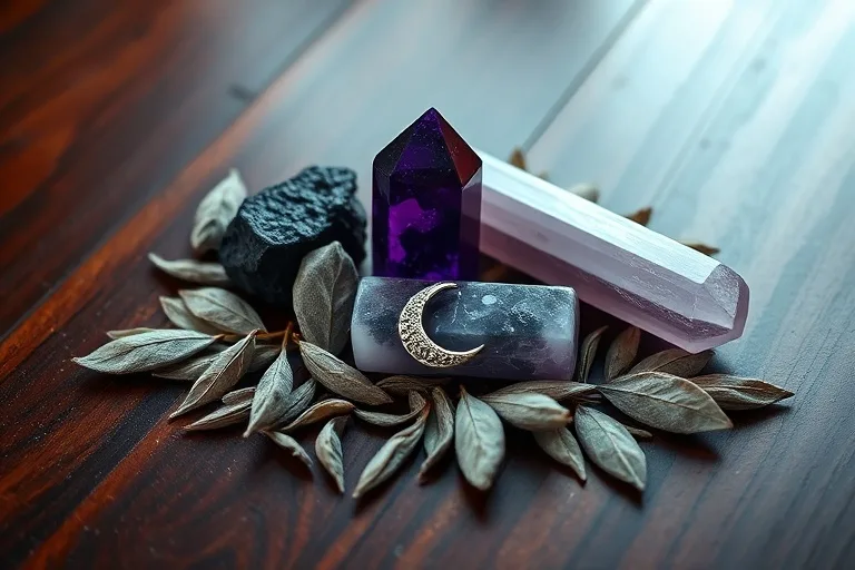 An arrangement of protective crystals (black tourmaline, amethyst, selenite) on a polished dark wood surface, surrounded by dried sage leaves and a small, delicate silver charm. Soft, diffused light highlights the textures.