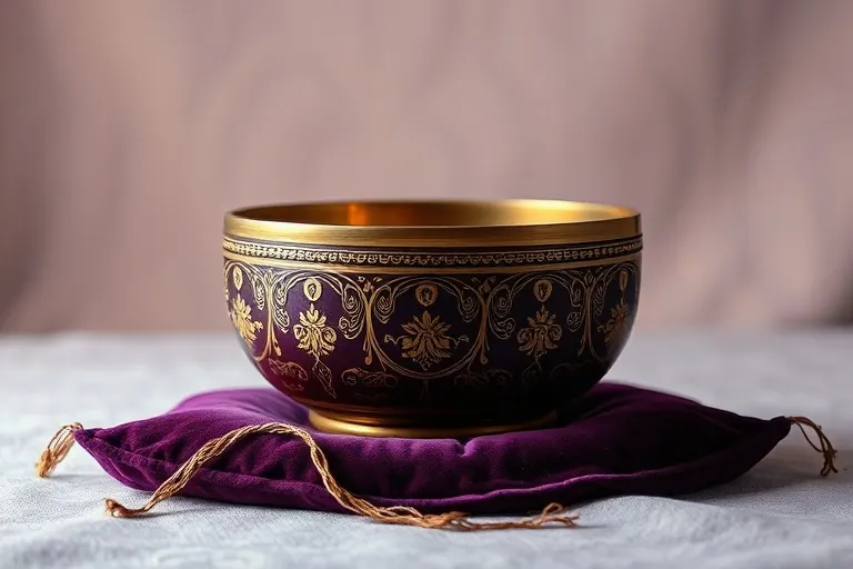 A vintage, ornate singing bowl resting on a cushion of deep violet velvet, emitting subtle, shimmering sound waves visualized as delicate golden threads radiating outwards. In the background, a faint, translucent barrier of light suggests a protected psychic space.