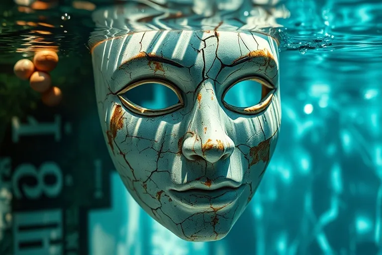 A cracked antique ceramic mask, half-submerged in clear water, reflecting distorted light, symbolizing hidden truths and the breaking of illusions. Macro shot with shallow depth of field.
