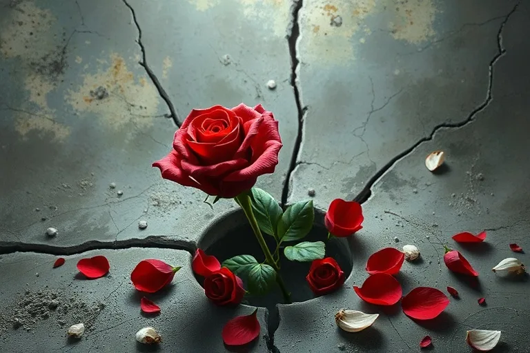 A vibrant red rose pushing through a concrete crack, surrounded by fallen, muted petals, depicted in an oil painting style with dramatic lighting and rich textures, symbolizing resilience and disruption.