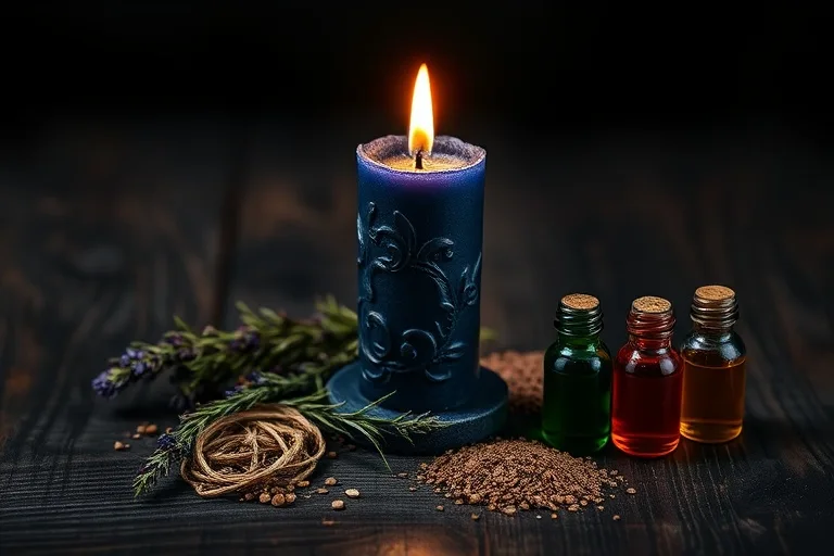 Still life of herbs, oils, and a candle on a wooden surface