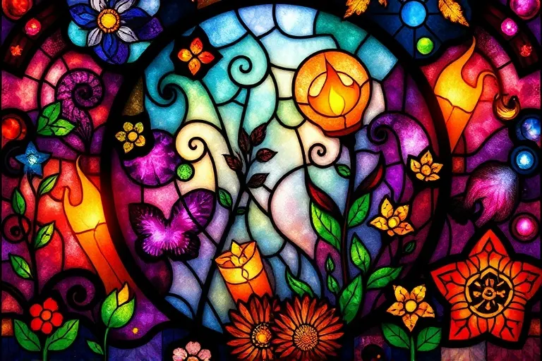 Stained glass art of abstract light and herbal patterns