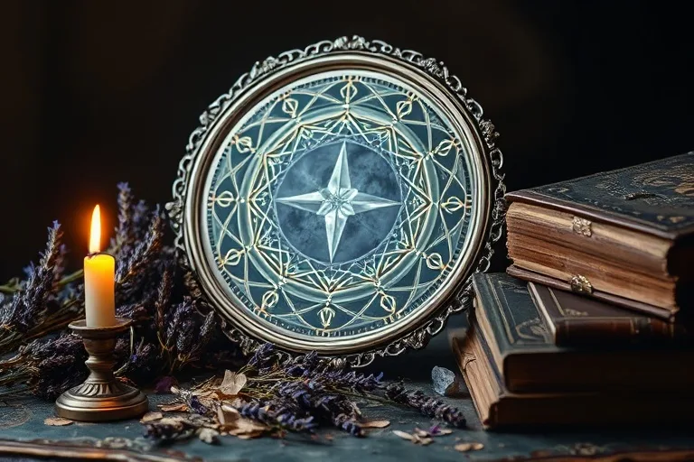 Cinematic still life of an antique silver scrying mirror reflecting swirling mist, surrounded by dried herbs, old books, and a flickering candle.
