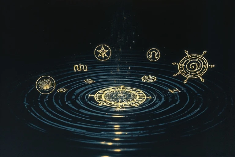 Conceptual art of a fragmented mosaic of ancient runic symbols and abstract light patterns emerging from deep water, with subtle ripples and a mystical glow.