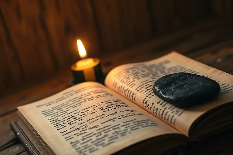 Cinematic still life of an open journal, candle, and river stone on a wooden desk.
