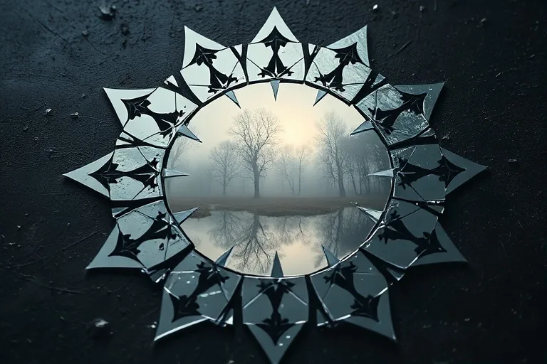Abstract conceptual art of a shattered mirror reflecting a serene landscape.