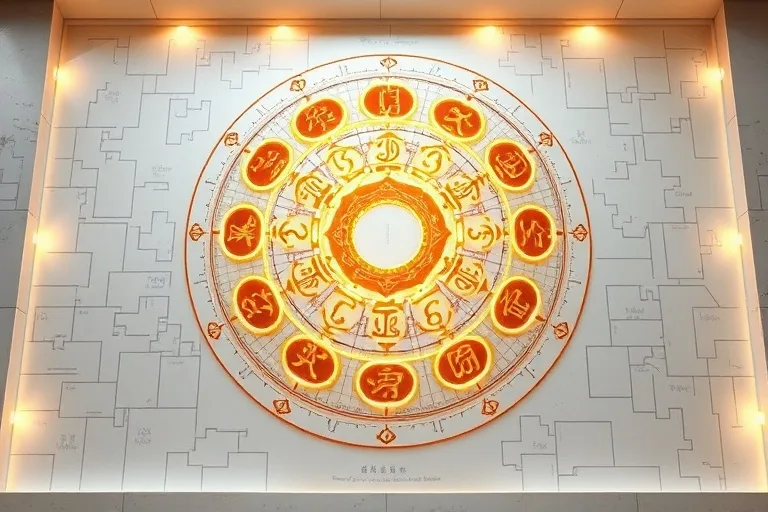 3D rendered Bagua map showing elemental symbols and energy flow over a translucent floor plan.