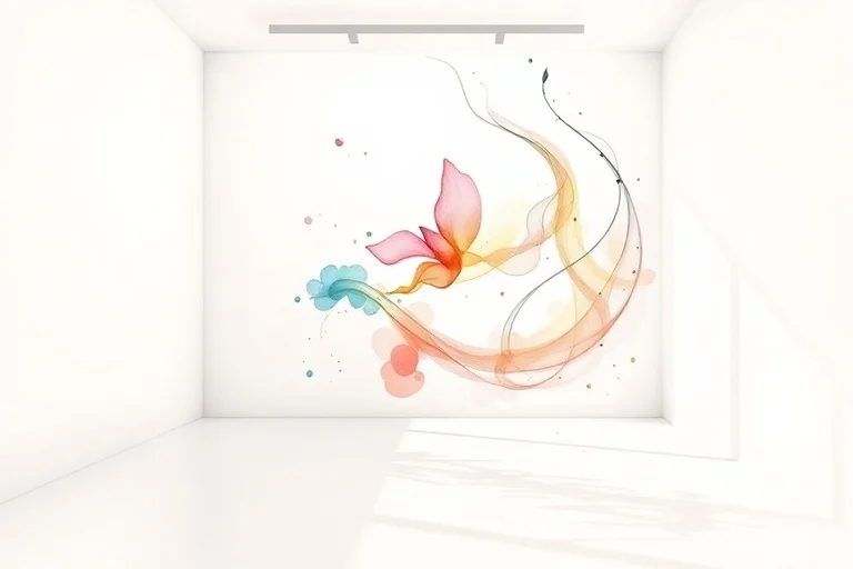 Watercolor painting of swirling light and color representing Chi energy flowing through an empty, stylized room.