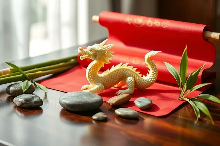 A still life photograph of a jade dragon, a red silk scroll, river stones, and bamboo on a dark wood table, under soft lighting.