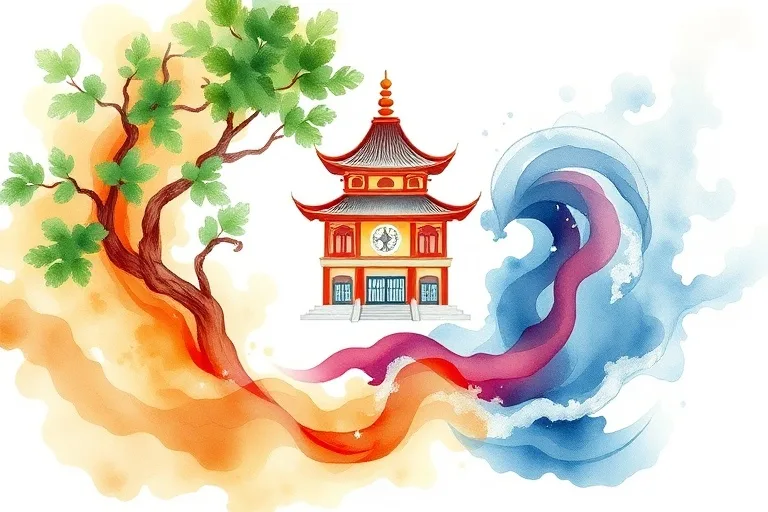 A watercolor painting depicting the five elements (wood, fire, earth, metal, water) in harmonious, flowing colors, with a subtle outline of a Chinese temple.
