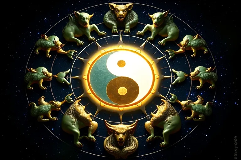 Intricate 3D render of 12 Chinese Zodiac animals around a glowing Tai Chi symbol in jade and gold