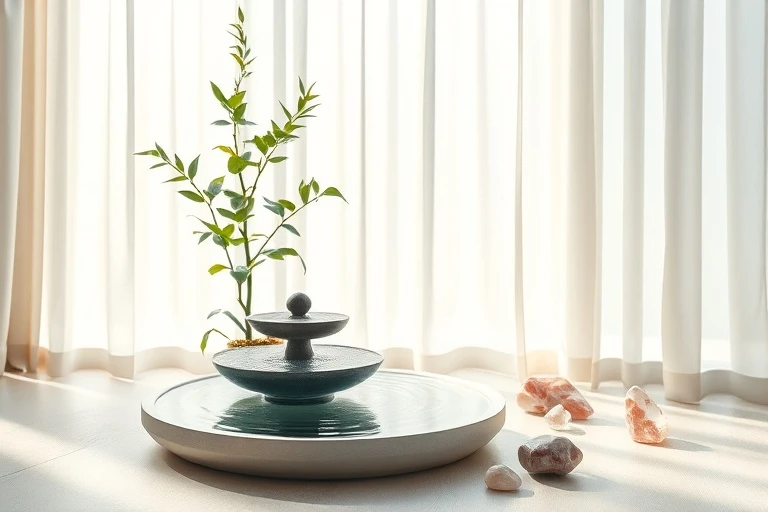 Watercolor painting of a tranquil home interior with a water feature, plant, and crystals, promoting calm energy