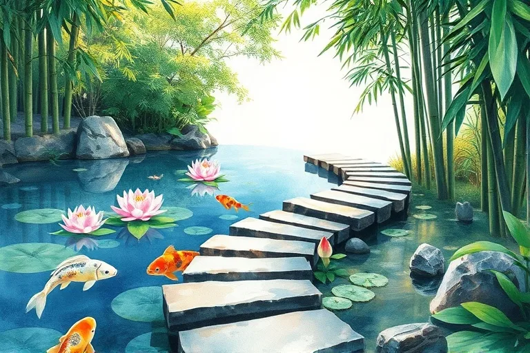 Watercolor painting of a peaceful garden path with a pond